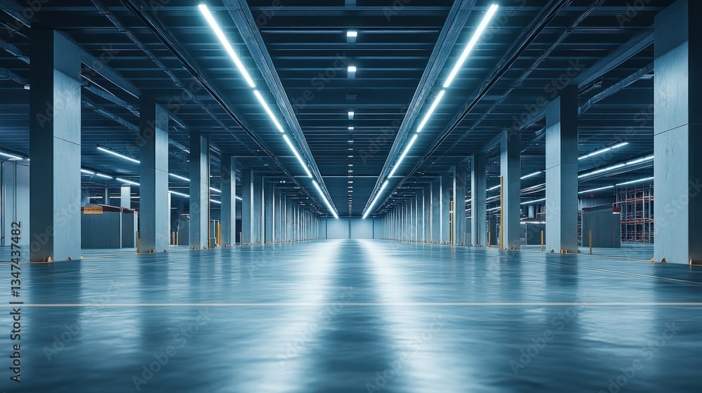 Empty warehouse interior with illuminated pillars and metal ceiling. Empty warehouse interior with illuminated pillars and metal ceiling.