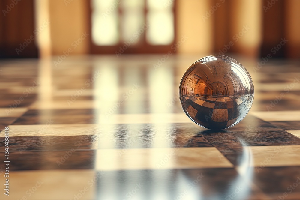 Metal Sphere Reflecting Room on Checkered Floor Creating Optical Illusion Metal Sphere Reflecting Room on Checkered Floor Creating Optical Illusion