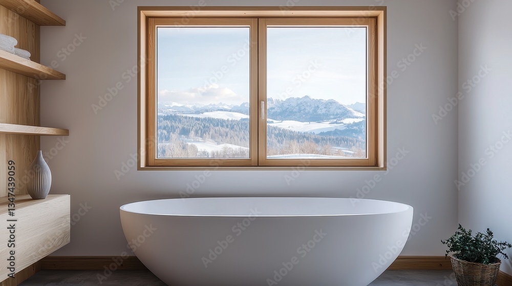 A modern bathroom featuring a freestanding bathtub and a large window showcasing a scenic mountain view. A modern bathroom featuring a freestanding bathtub and a large window showcasing a scenic mountain view.