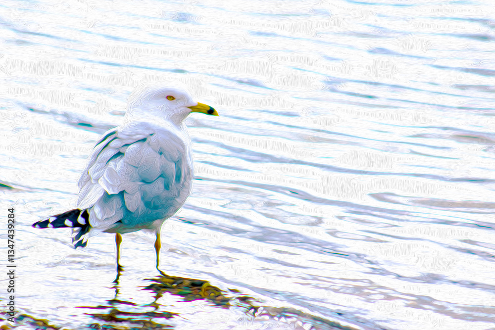 Seagull Peacefully Stands & Looks Onward in Ripples of Silver, White Looking water at the shoreline on A Cold Day (filtered photo) with Texture