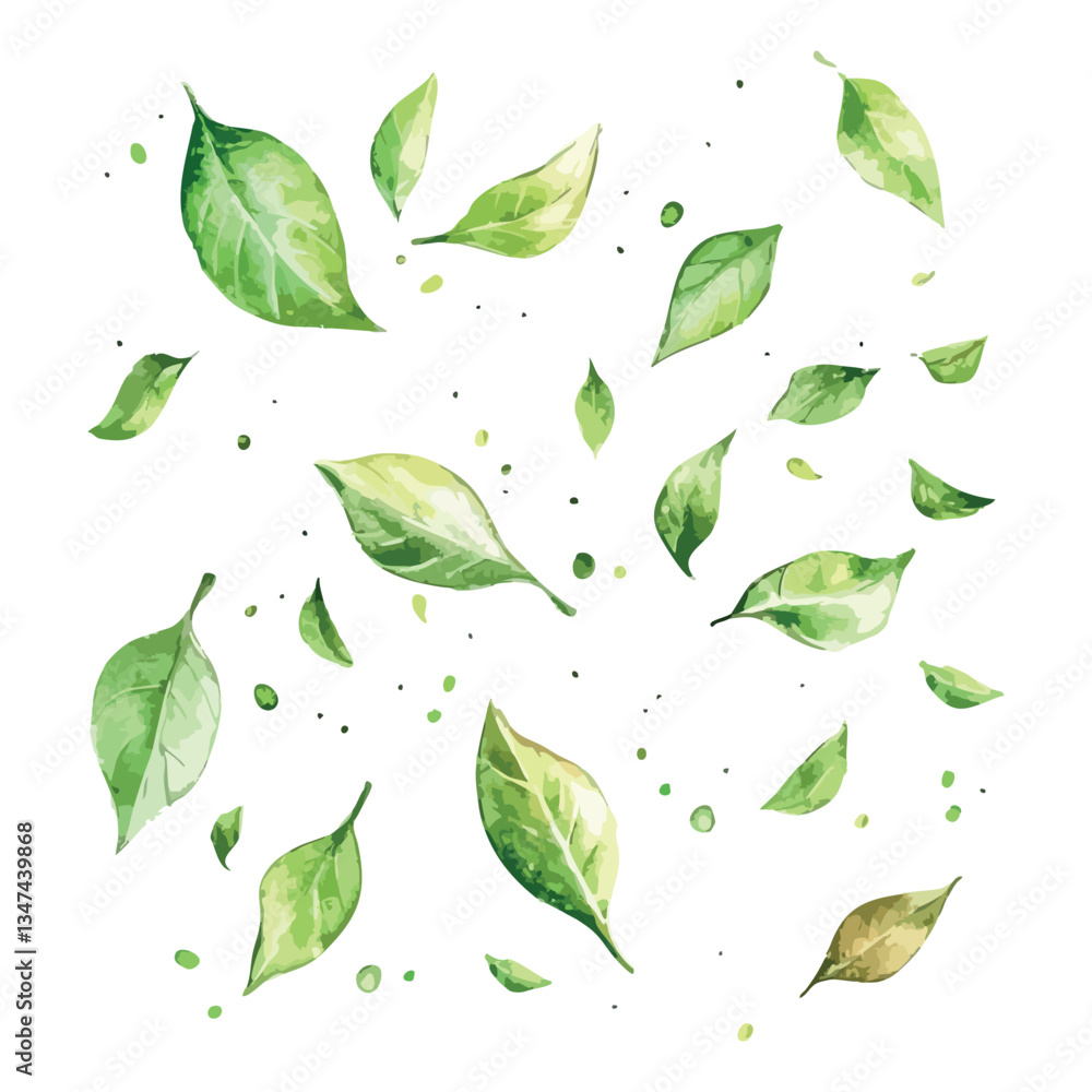 Bunch of green leaves scattered on a white background. The leaves are of different sizes. Bunch of green leaves scattered on a white background. The leaves are of different sizes.