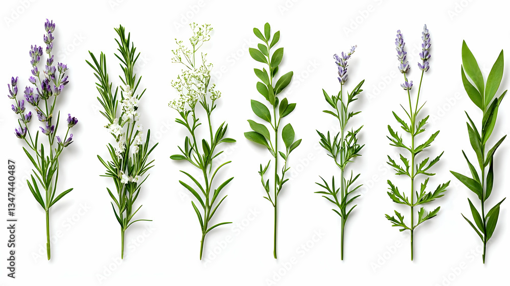 Fototapeta premium Assortment Of Fresh Herbs And Flowers On White Background