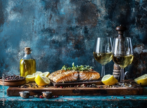 Grilled Salmon Fillet with Lemon and Wine on Rustic Wooden Board