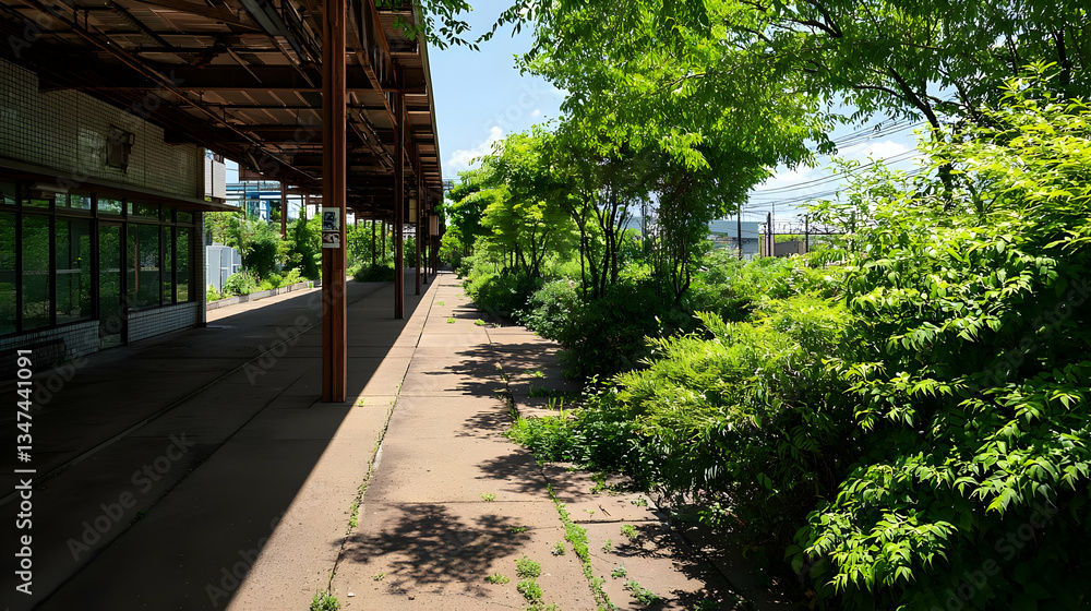 Long Walkway Under Metal Structure Beside Lush Green Trees Under Bright Daylight With Open Sky Long Walkway Under Metal Structure Beside Lush Green Trees Under Bright Daylight With Open Sky