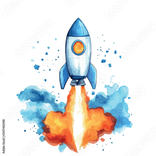Vibrant blue and white rocket is soaring through the sky, leaving a trail of smoke in its wake.
