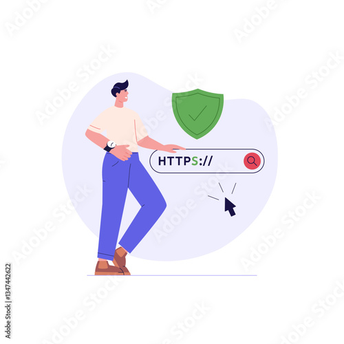Using browser with https protocol illustration. People searching website address with security. Concept of web protection, ssl certificate for web Design, UI, banners