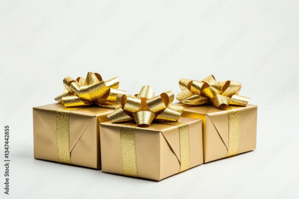 Obraz premium Three golden gift boxes with glittering bows arranged on a white background.