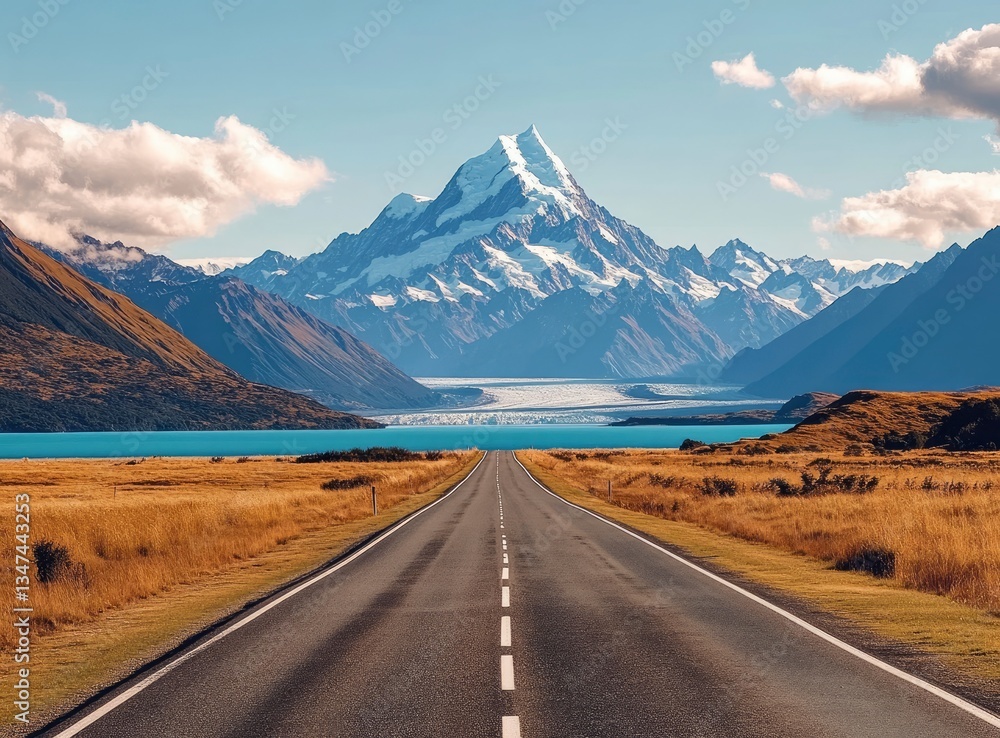 Fototapeta premium Scenic Road Leading to Snowcapped Mountain and Turquoise Lake in New Zealand