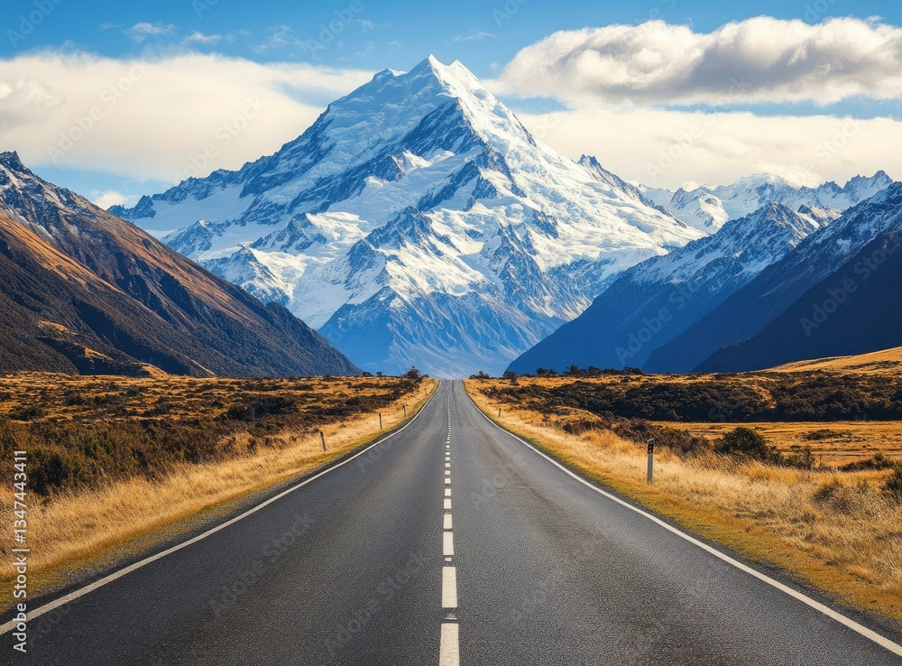 Naklejka premium Driving Towards Majestic Snow Capped Mountain Range on Open Road