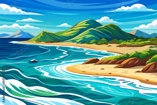 tropical beach with sea and clouds at day time cartoon, ocean wallpaper