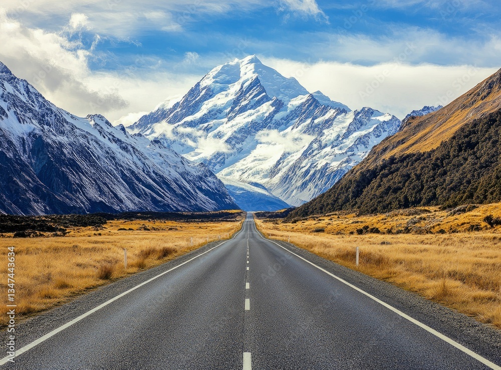 Fototapeta premium Driving Through Scenic Landscape Road to Mountain Peak Under Cloudy Sky