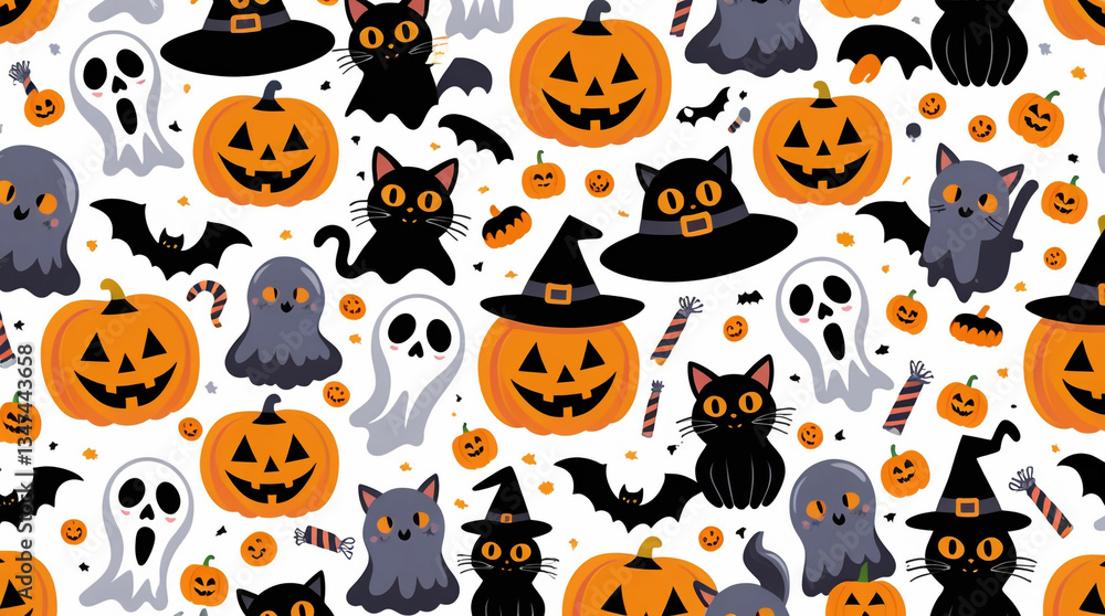 Playful Halloween Pattern with Pumpkins, Bats, and Ghosts on Light Background Playful Halloween Pattern with Pumpkins, Bats, and Ghosts on Light Background