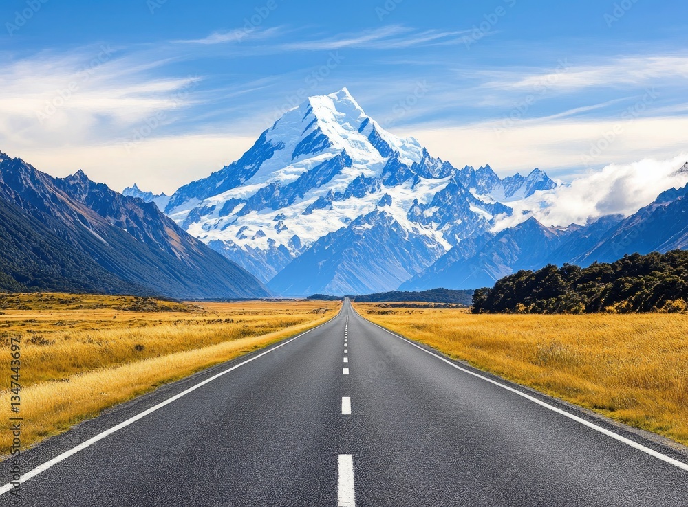 Fototapeta premium Driving Towards Majestic Snow Capped Mountain on Scenic Open Road