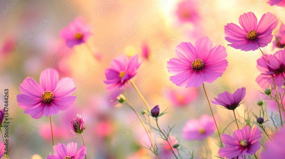 A field of vibrant pink cosmos flowers bathed in warm sunlight A field of vibrant pink cosmos flowers bathed in warm sunlight