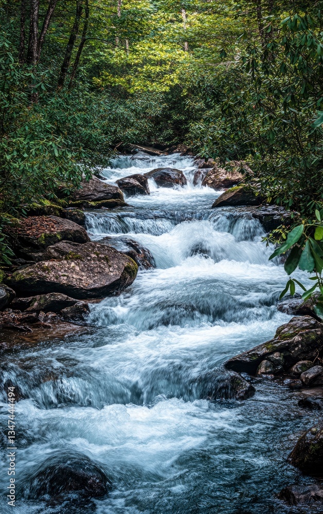 Flowing River Through Lush Green Forest with Rocks and Rapids Flowing River Through Lush Green Forest with Rocks and Rapids
