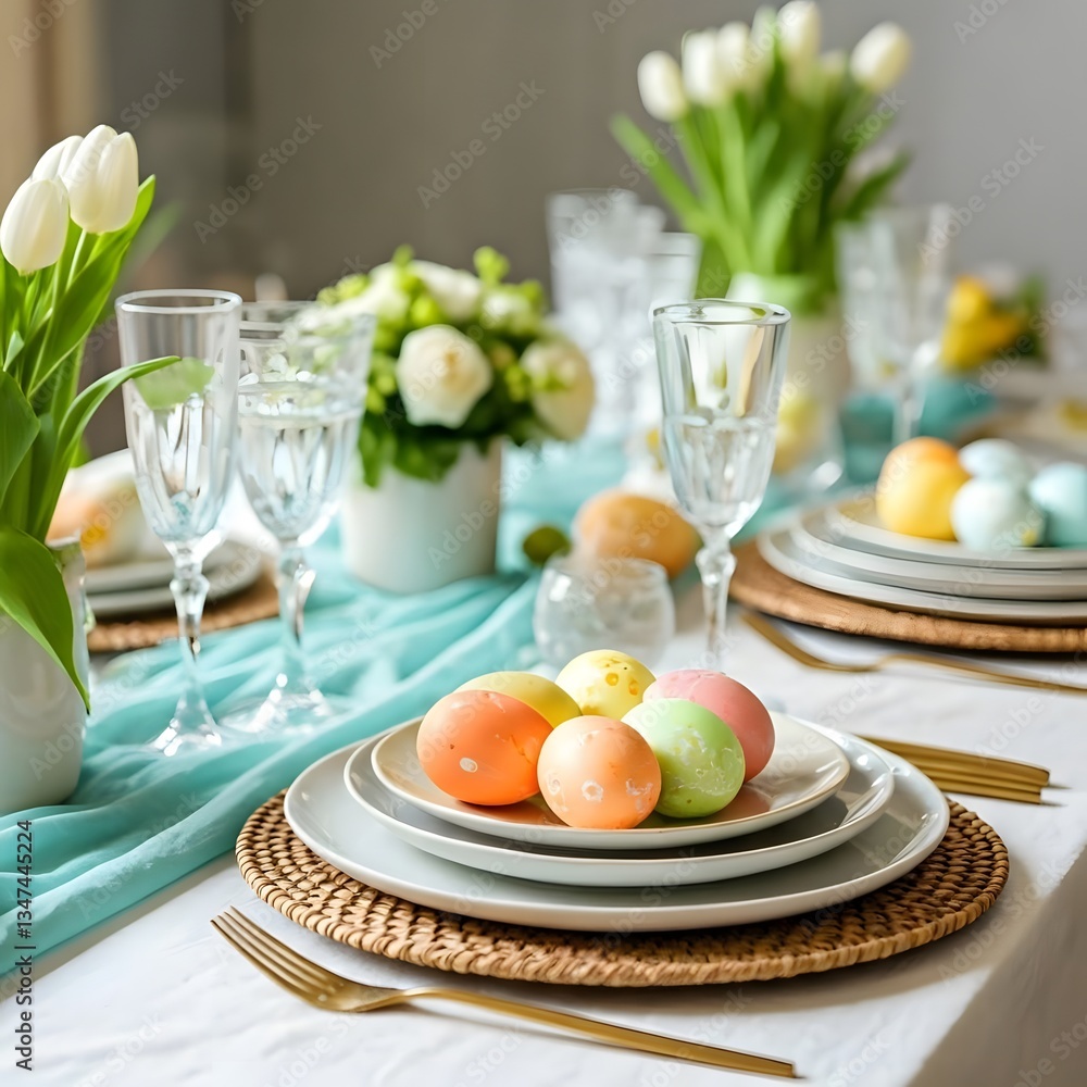 A table set for an Easter brunch, with Easter eggs, flowers, and soft pastel tablecloths, AI Generated A table set for an Easter brunch, with Easter eggs, flowers, and soft pastel tablecloths, AI Generated