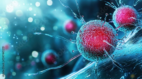 Vibrant illustration of a red cancer cell against a blue backdrop.