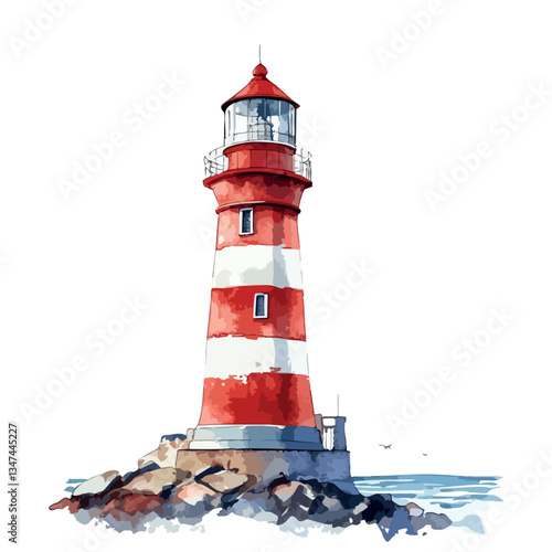Red and white lighthouse is on a rock. The lighthouse is tall and has a red top.