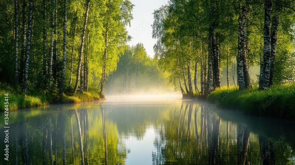 Serene reflections: A misty river landscape bordered by lush birch trees Serene reflections: A misty river landscape bordered by lush birch trees