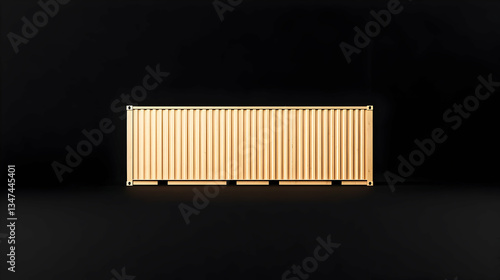Golden Shipping Container Isolated on Black Surface with Dramatic Lighting for Transportation Logistics