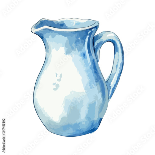 Blue pitcher with a white handle. It is sitting on a white background.