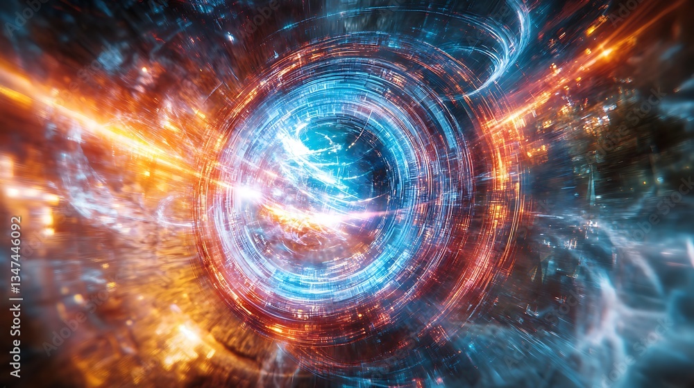 A rotating holographic logo with glitch effects, surrounded by swirling light beams A rotating holographic logo with glitch effects, surrounded by swirling light beams