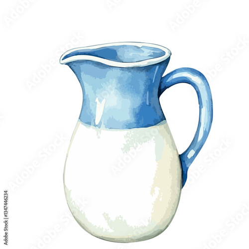 Blue and white pitcher with a white handle. The pitcher is empty.