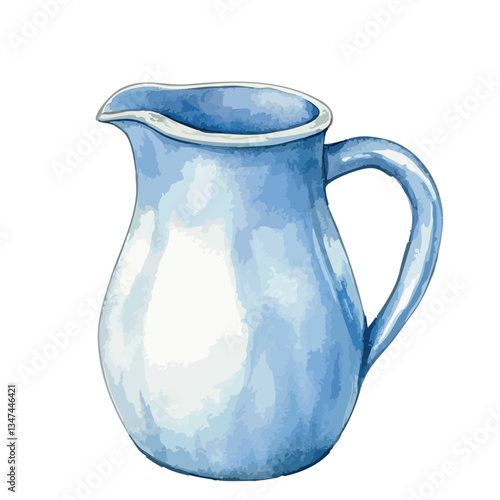 Blue pitcher with a white handle. It is sitting on a white background.