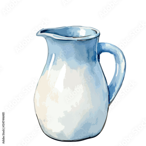 Blue and white pitcher is sitting on a white background. The pitcher is made of ceramic.