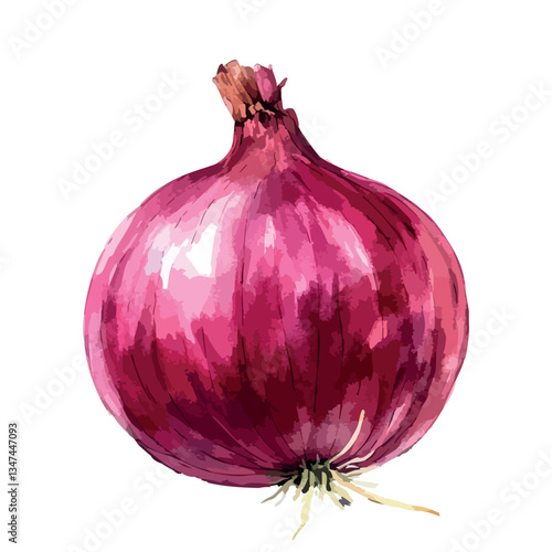 Large red onion with a green stem. The stem is attached to the top of the onion.