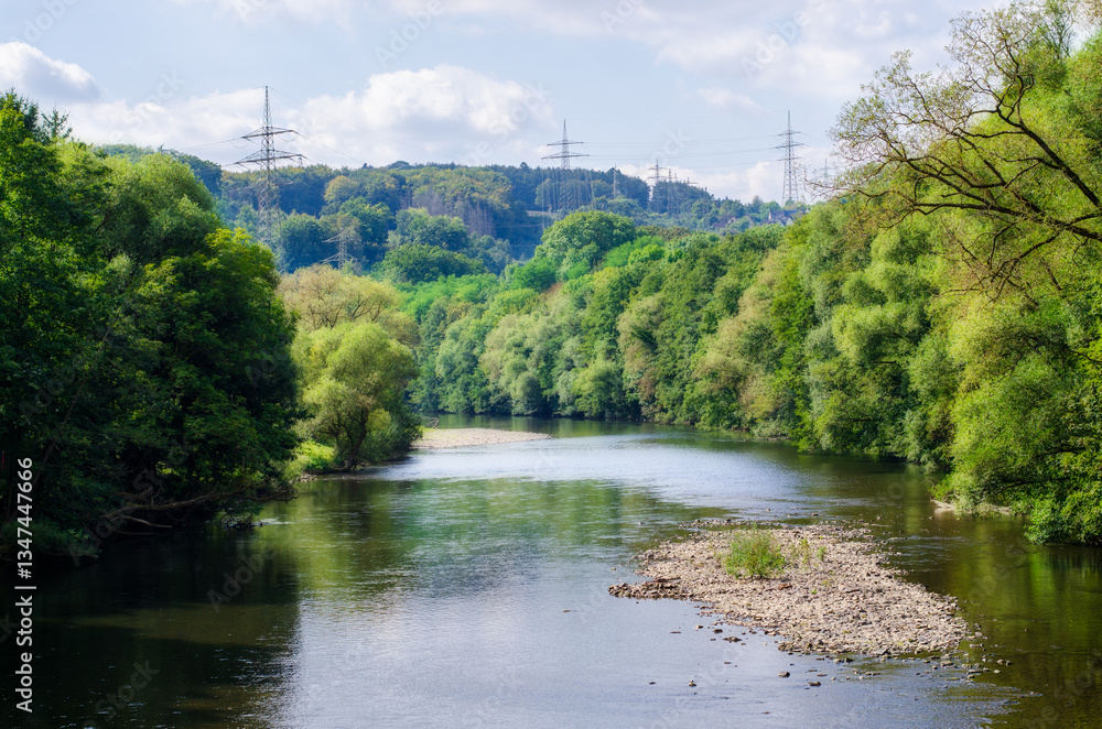 Serene river landscape with lush green trees