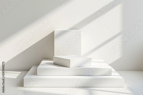Wallpaper Mural Minimalist white product display with three-tiered platform and sunlight shadows. Torontodigital.ca