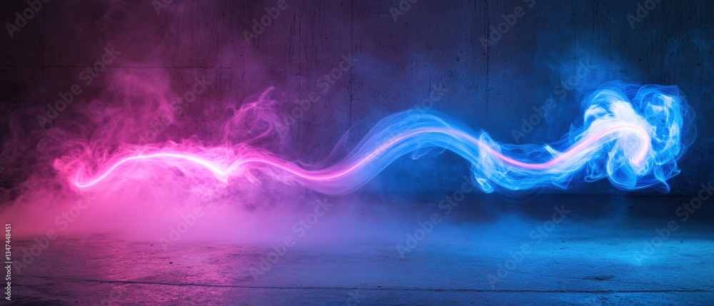 Fototapeta premium Abstract neon light streak with pink and blue smoke effect against a concrete wall, creating a futuristic and dynamic background for technology or design concepts