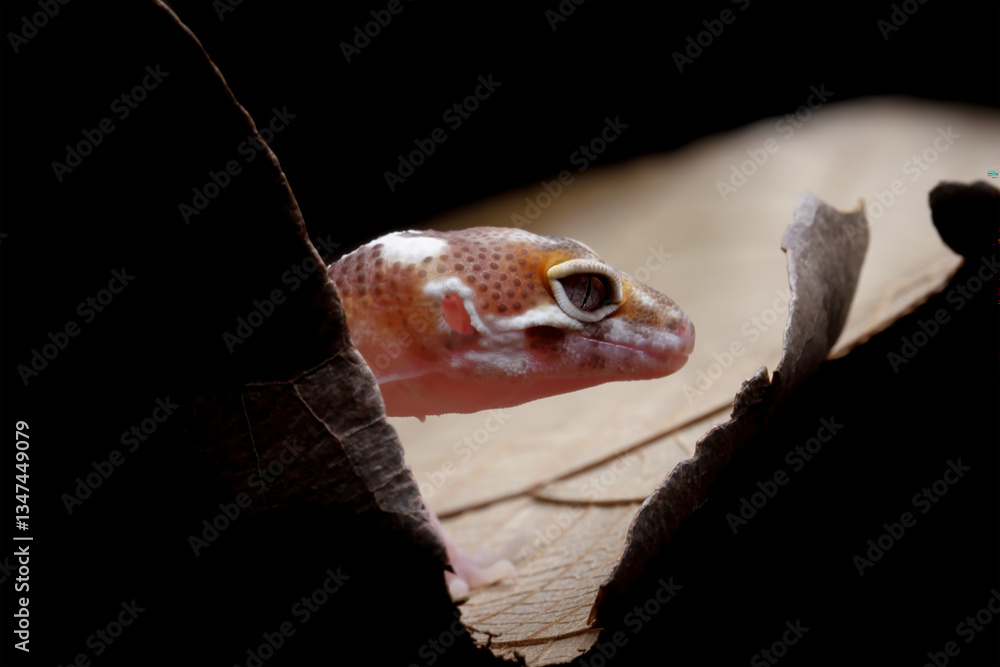 baby leopard gecko behind dry leaves