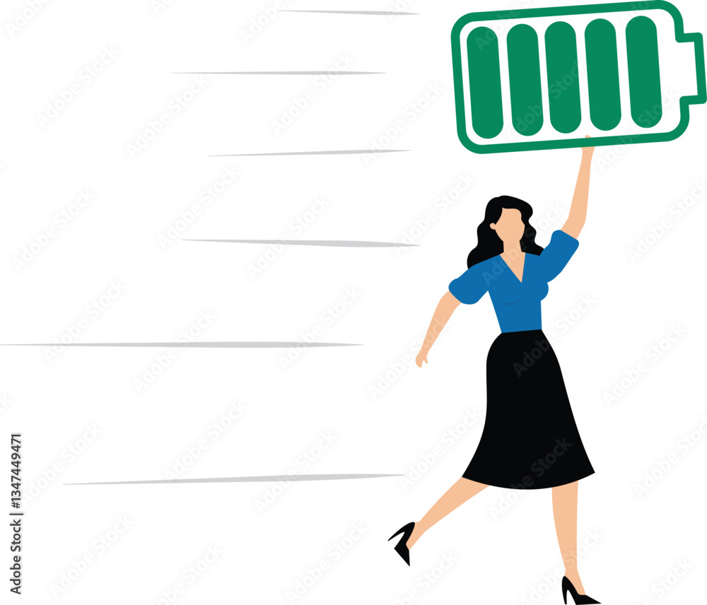 Happy businesswoman hold battery with full level and runs to work, Happy businesswoman hold battery with full level and runs to work,