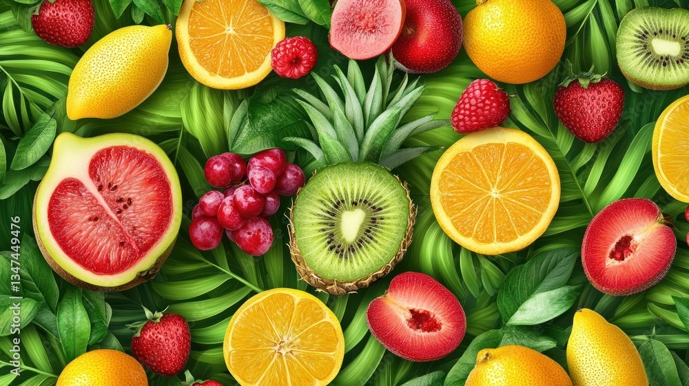 Colorful fruit pattern on tropical leaves Colorful fruit pattern on tropical leaves