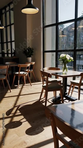 Modern Cozy Café Interior with Warm Sunlight. Vertical Video