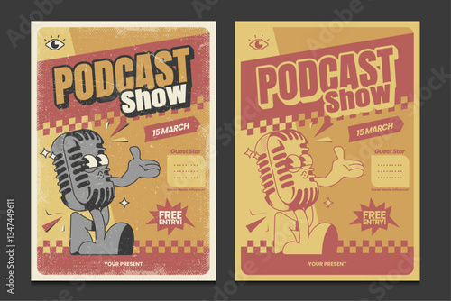 retro 30s-style podcast show poster with a cartoon microphone mascot character, vector illustration
