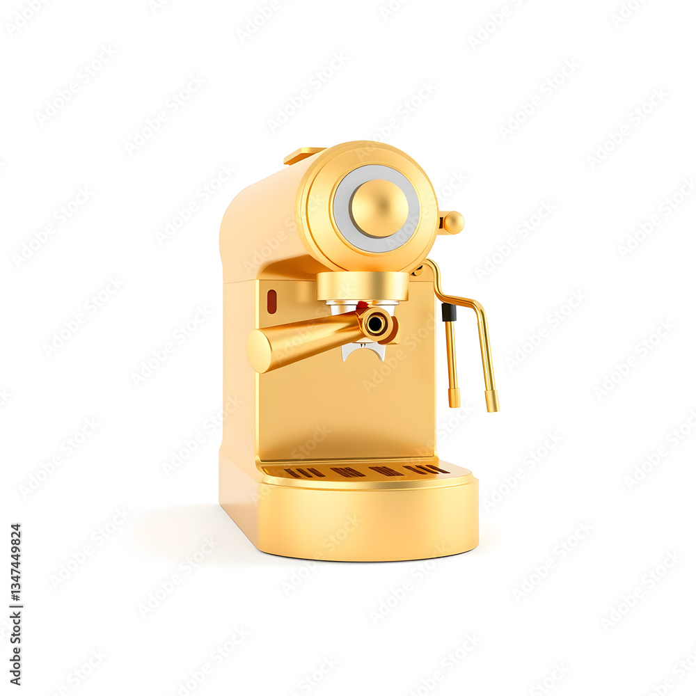 Gold espresso coffee machine isolated on white background. Minimal design art. 3d illustration. Generative AI Gold espresso coffee machine isolated on white background. Minimal design art. 3d illustration. Generative AI