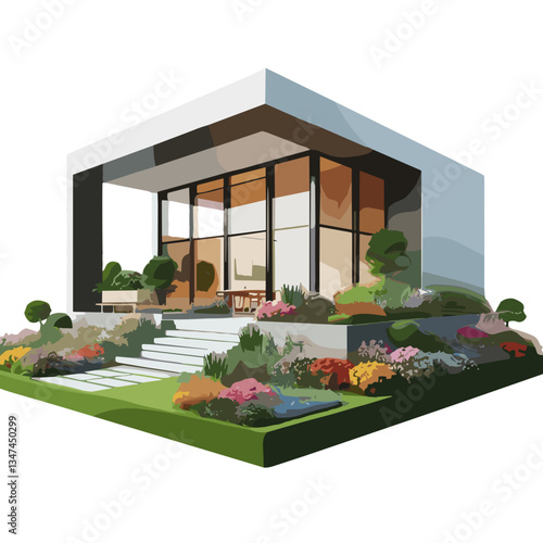 Modern house exterior design, sleek and vibrant, featuring lush gardens and colorful flower arrangements