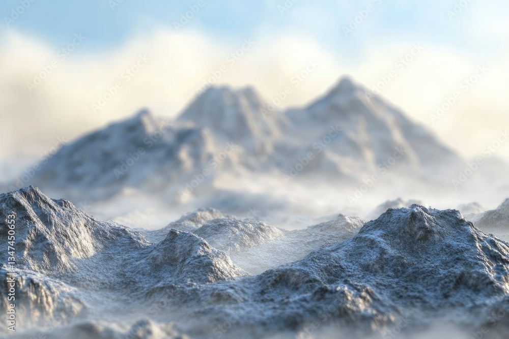 Obraz premium Misty Mountain Range with Fog Rolling Through Valleys and Over Peaks