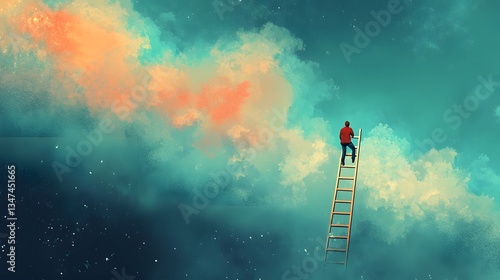 a person climbing up a ladder toward the sky, symbolizing dreams and aspiration