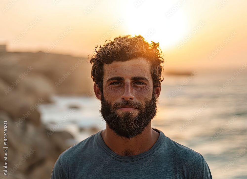 Bearded Man Portrait at Sunset Near Ocean Enjoying Peaceful Moment Bearded Man Portrait at Sunset Near Ocean Enjoying Peaceful Moment