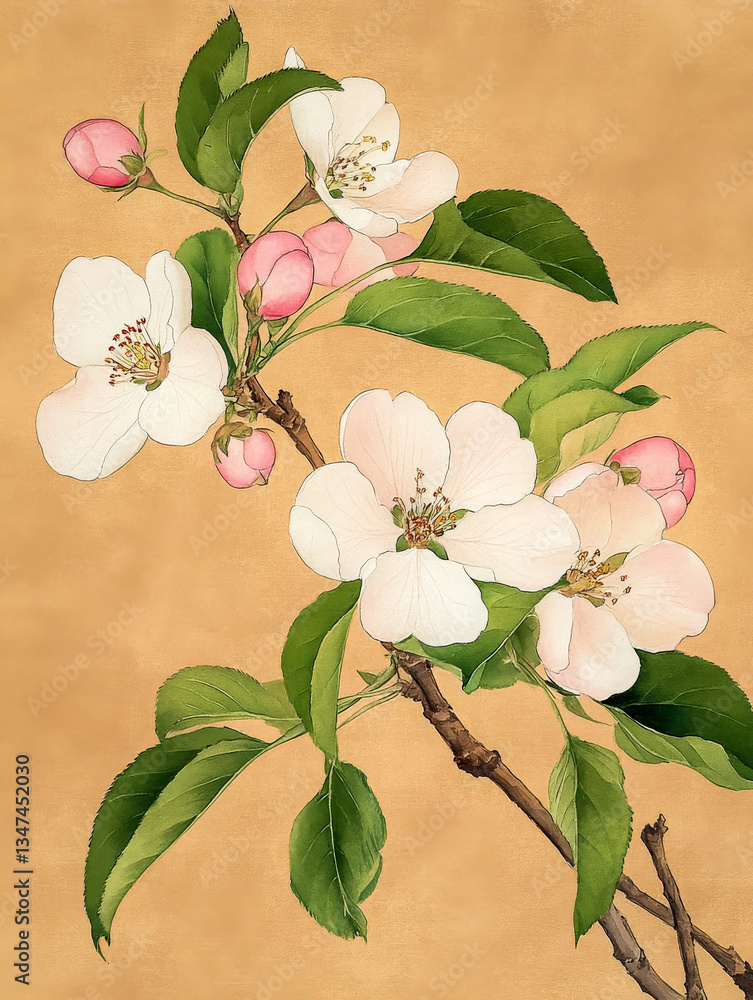 Fototapeta premium A beautifully detailed botanical illustration of apple blossoms with soft pink and white petals, green leaves, and buds on a warm-toned background