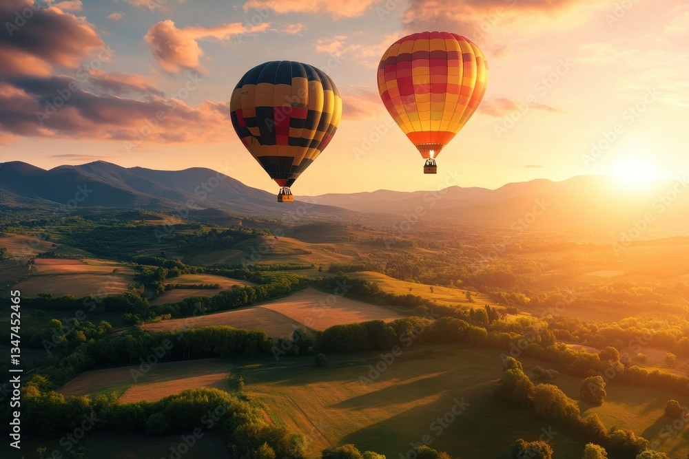 Fototapeta premium Hot air balloons soar over picturesque countryside during sunset in a tranquil landscape