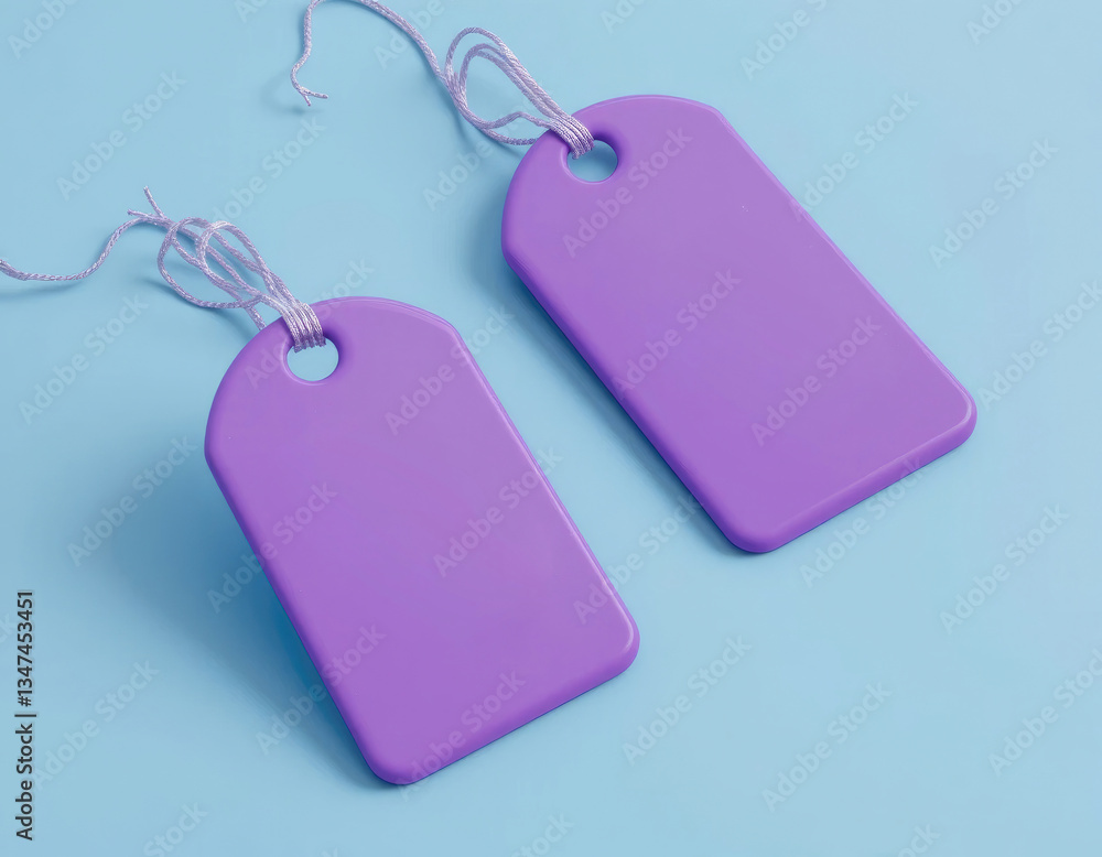 Fototapeta premium Two Blank Purple Price Tags on Light Blue Background for Labels