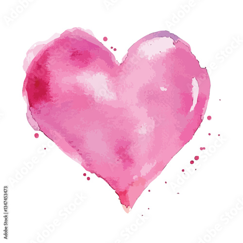 Pink heart with watercolor paint. The heart is pink and has a white background.