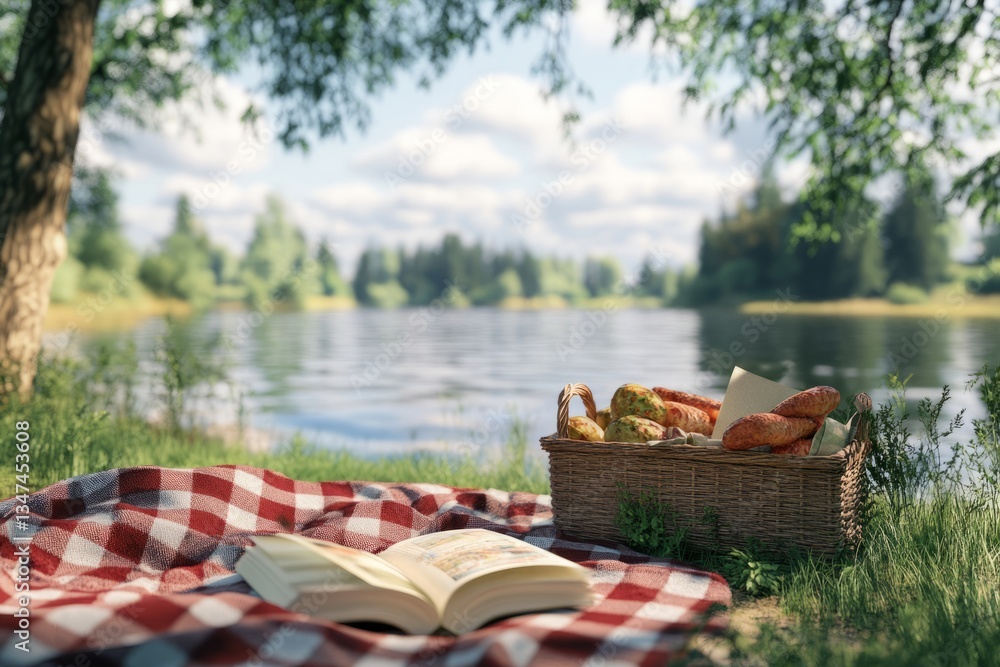 Relaxing picnic by the lake with a book and a basket of fresh bread on a sunny afternoon