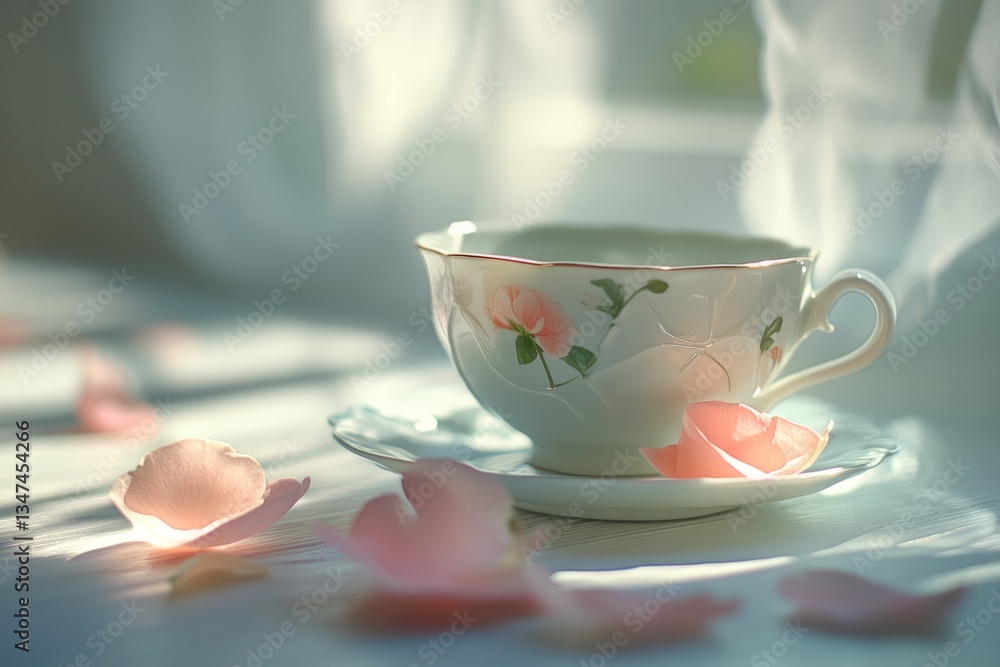 Steam rises from a delicate china cup filled with tea beside scattered rose petals in a soft, sunlit room