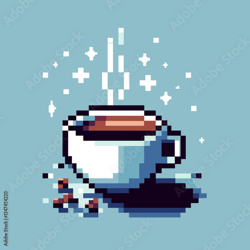Pixel art coffee cup illustration, charming and minimalist, with coffee beans and steam effects